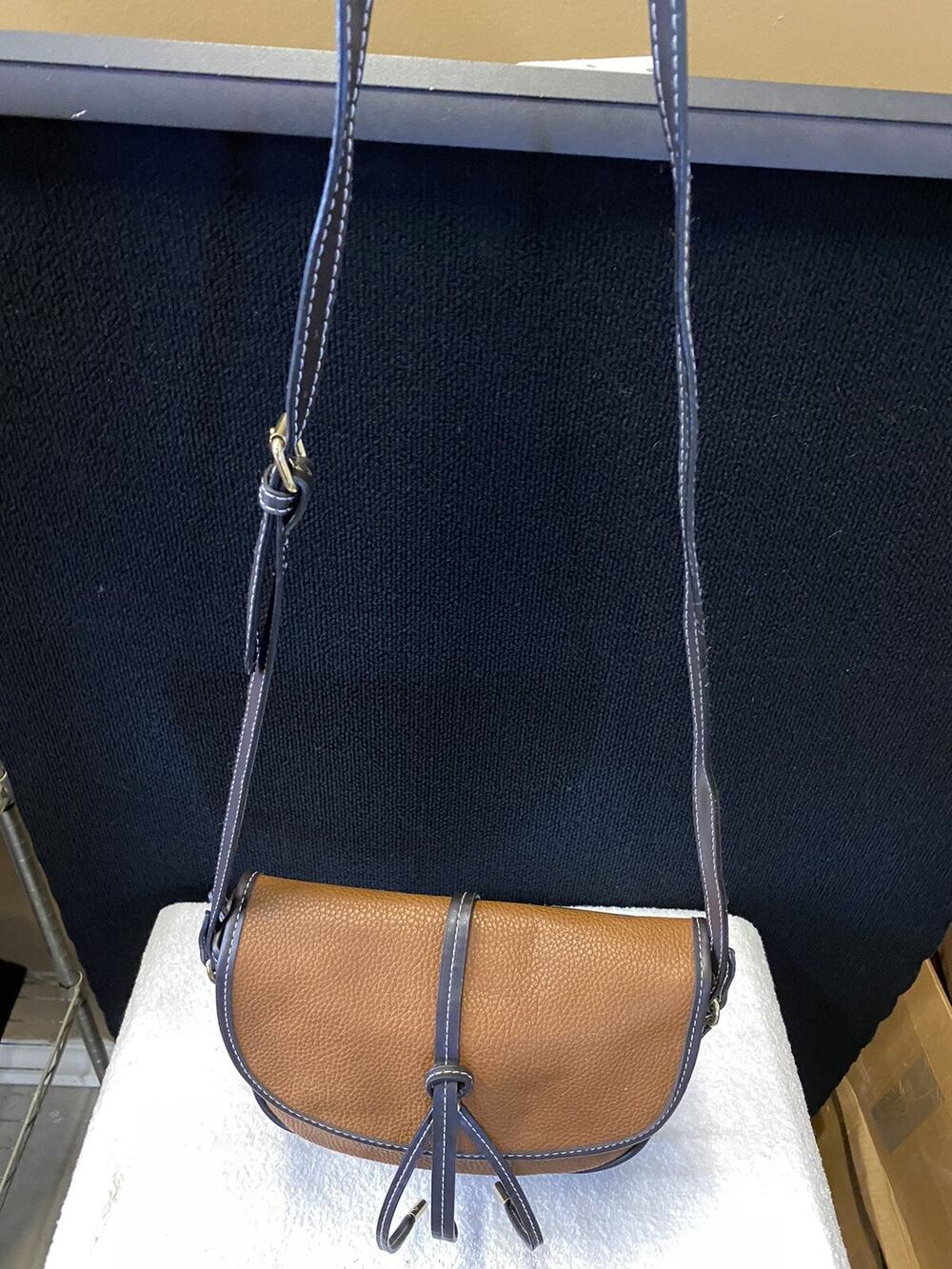 London Fog Two Tone Brown Faux Leather Crossbody Shoulder Bag Multiple Pockets